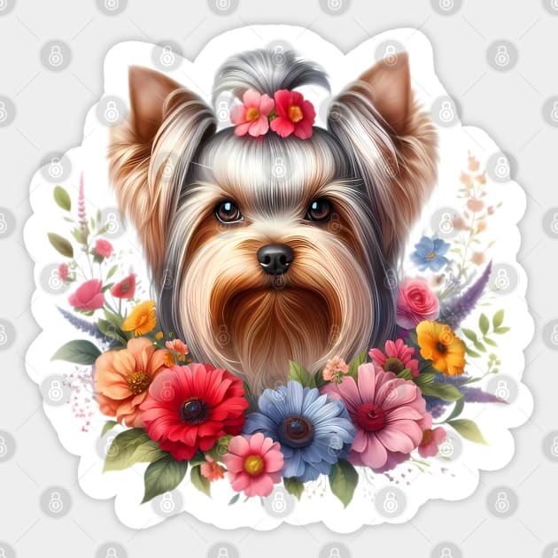 A yorkshire terrier with beautiful colorful flowers Sticker by CreativeSparkzz